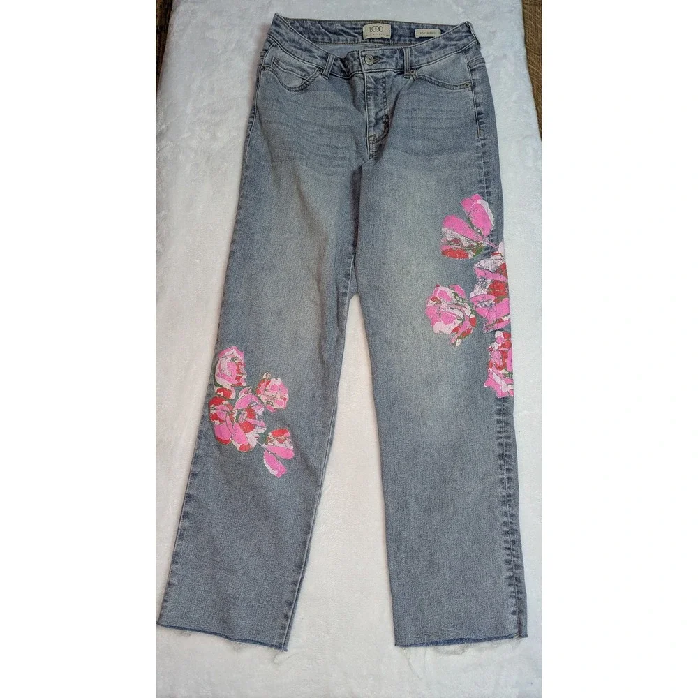 LOGO Lori Goldstein Boyfriend Jeans Floral Light‎ Wash Raw Hem Womens 6 RN89828